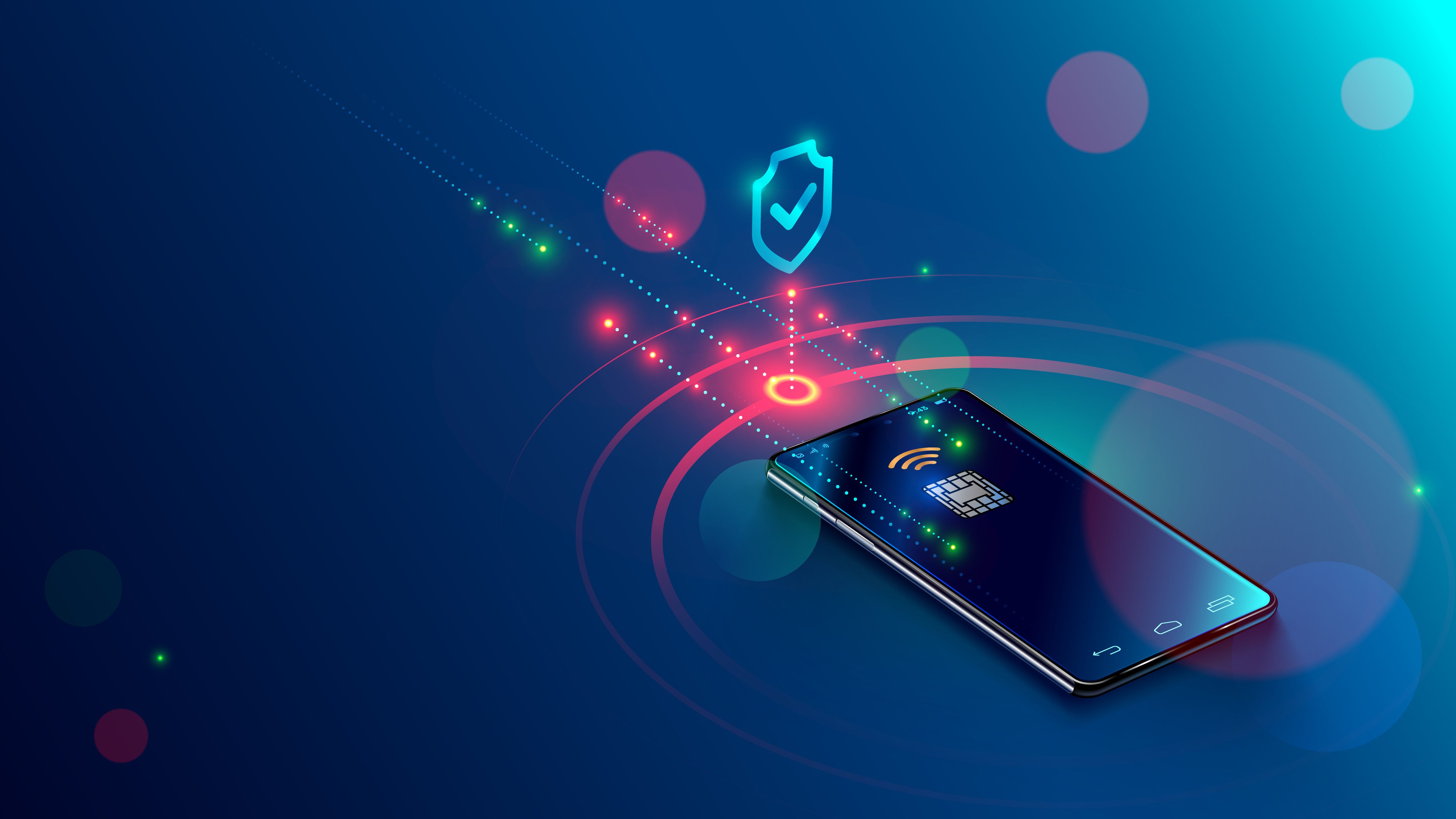 Mobile payment concept isometric banner. Security and protection contactless payment or via mobile phone with nfc chip. Shopping through smartphone with near field communication card