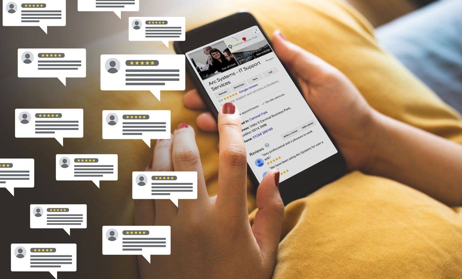 someone using social media. They are scrolling on Facebook with speech bubbles illustrated around the phone. 